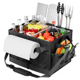Lorbro grill caddy with paper towel holder for organized outdoor cooking.