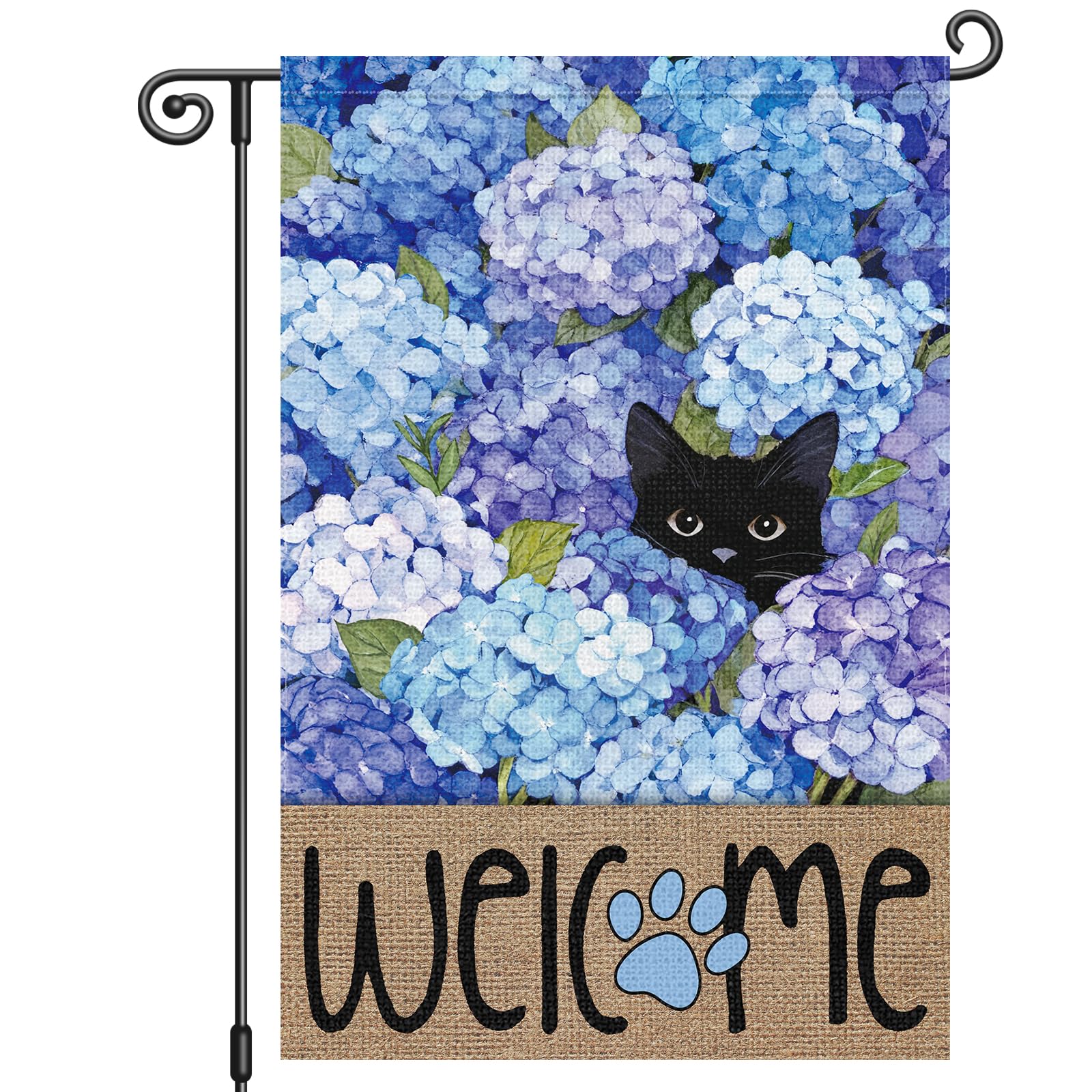 Louise Maelys spring garden flag 12x18 displaying hydrangea and black cat for a welcoming outdoor look.