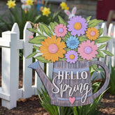 Lounsweer Hello Spring garden stake with watering can and daisies enhances curb appeal.