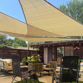 LOVE STORY 10x10 right triangle sand shade sail provides UV protection for outdoor patio.