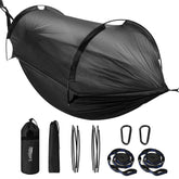 Lulladle camping hammock double with mosquito-net setup for easy outdoor relaxation.