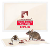 LULUCATCH indoor mouse traps pack showing 12 pre-baited glue boards for safe pest control