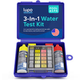 Lupo Global 3-in-1 pool test kit case keeps supplies organized for quick testing.
