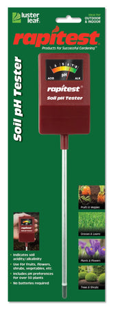 Luster Leaf Rapitest soil pH tester in garden shows quick acid/alkaline reading for planting