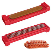 Luvan hot dog cutter criss-cross blades close-up for uniform crosshatch cuts.