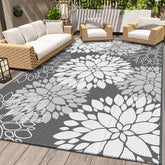 LuxStep outdoor rug grey 5x8 laid on patio for a weather-ready entertaining space