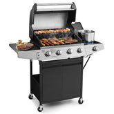 Lyromix 4-burner grill front view showing expansive cooking area for steaks