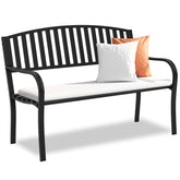 Maemttes outdoor bench on front porch; sturdy seating for social moments