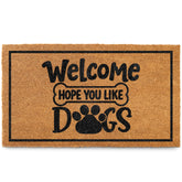 MAINEVENT Welcome Hope You Like Dogs Doormat front porch image shows 30x17 size outdoors