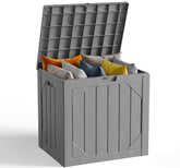 Make Changes 30-gallon storage box front view highlighting spacious, weatherproof exterior.
