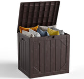 MAKE CHANGES 30-Gallon box lid open demonstrates easy access for cushions and garden tools.