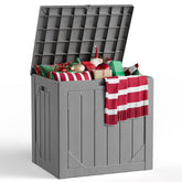 MAKE CHANGES outdoor storage box front view highlighting 260-gallon capacity for patio clutter