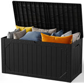 Make Changes 100 gallon outdoor storage box on patio with cushions for organized space.