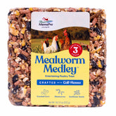 Manna Pro Mealworm Medley Cake for chickens, a tasty protein snack that supports vitality.