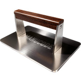 Manucode bacon press stainless steel top view shows even heating for crispy burgers