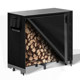 Mars Explo 4ft firewood rack with cover shown on a porch, organized and ready for use.