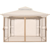 MasterCanopy patio gazebo mosquito netting wall in beige keeps bugs out during outdoor lounging.