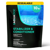 MAV AquaDoc pool stabilizer 10lb package showing chlorine sun protection benefit.