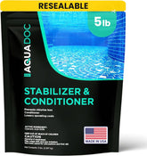 MAV AquaDoc pool stabilizer bottle with label highlighting UV protection for chlorine.