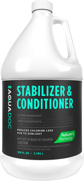 MAV AquaDoc pool stabilizer bottle showing easy pour for chemical efficiency