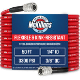 McKillans qc-installed-pressure-washer-hose-50ft extends reach for vehicles and driveways.