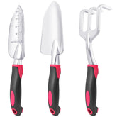 MeCHEER garden tools set 3-pack, bright red, ideal for planting, digging, and weeding.