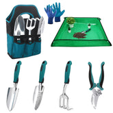 MECHEER garden tools set with bag and repotting mat for tidy organization.