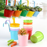 MeCids hanging planter 4-inch metal on railing, colorful pots for balcony gardening.