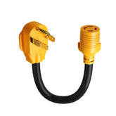MECMO NEMA 14-50P to L14-30R adapter connects generator to transfer switch for backup power.