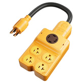 MECMO NEMA L14-30P to four outlets adapter setup for powering multiple devices.