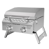 Megamaster 2-burner tabletop grill in polished stainless steel for durable outdoor cooking.