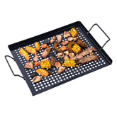 MEHE Vegetable Grill Basket top view shows wide nonstick surface for even vegetables.