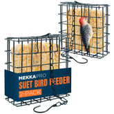 MEKKAPRO dual-pack suet feeders hanging chain in a sunny garden with birds.