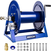 MEKOH pressure washer hose reel front view, rugged and professional.