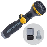 Melnor RelaxGrip nozzle front view shows ergonomic design for comfortable watering.