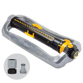 Melnor XT Turbo Oscillating Sprinkler with metal base provides stable watering.