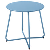 Meluvici patio side table blue round top in outdoor garden setting.