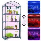 Meonum Indoor Greenhouse setup with four shelves for seed trays and compact footprint.