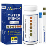 Merydi water hardness test kit with 150 strips and container for easy home testing.