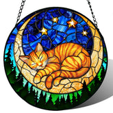 Meyocky stained glass orange cat suncatcher brightens windows with vibrant color.