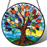 Meyocky Tree of Life stained glass sun catcher brightening windows with rainbow reflections.