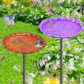 MeyRolizn hummingbird bird bath in purple and orange attracts garden birds.
