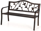 MFSTUDIO 50-inch outdoor bench with bird-pattern backrest in bronze finish for garden charm.