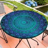 MHJY round tablecloth with elastic edge for a secure, windproof fit.