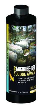 MICROBE-LIFT Sludge-Away bottle pour demonstrates easy dosing for cleaner pond