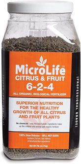 MicroLife Citrus & Fruit 6-2-4 granular fertilizer bag promotes steady nutrient release for healthier trees.
