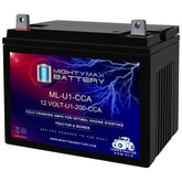 Mighty Max Battery ML-U1-CCA 12V label shows durable, spill-safe design.