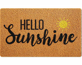 Mindsoft Hello Sunshine doormat at the front door with vibrant orange welcome text, great for outdoor entry.
