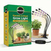 Miracle-Gro four-head LED grow light overview showing reliable indoor plant support.