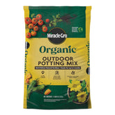 Miracle-Gro Organic Outdoor Potting Mix bag close-up highlighting container-friendly soil